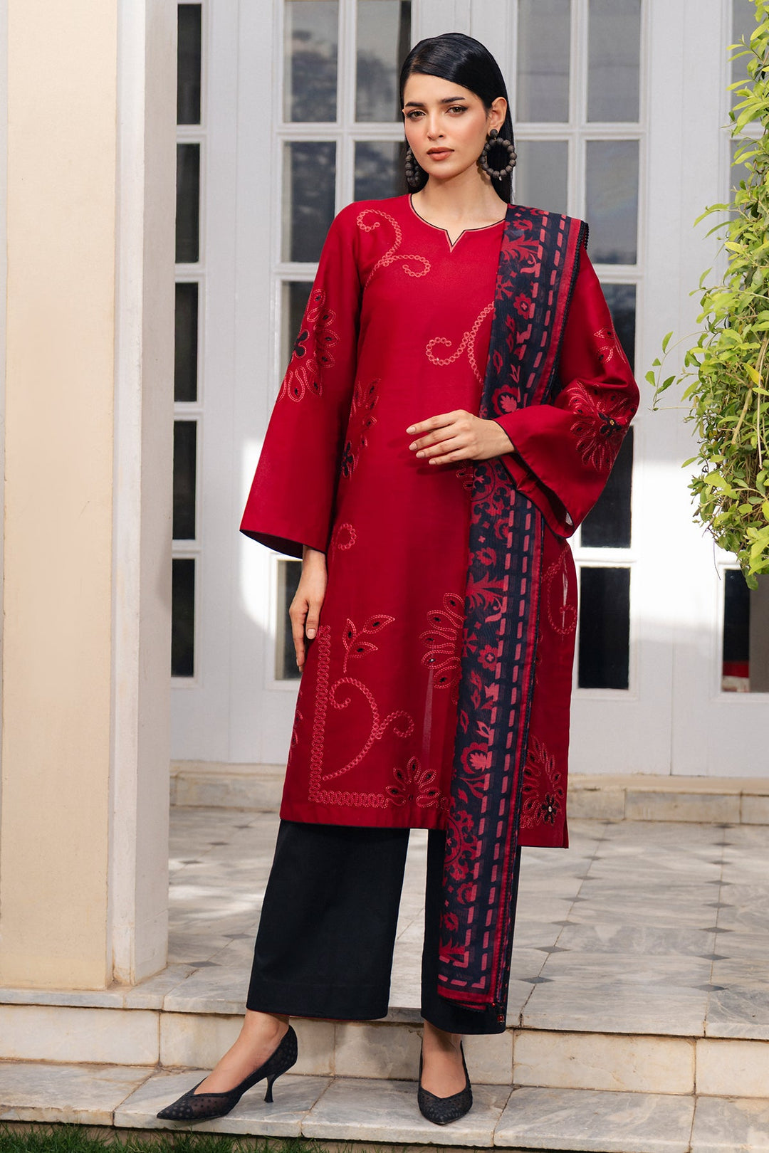 Embroidered Lawn Red Stitched Suit - Jazmin