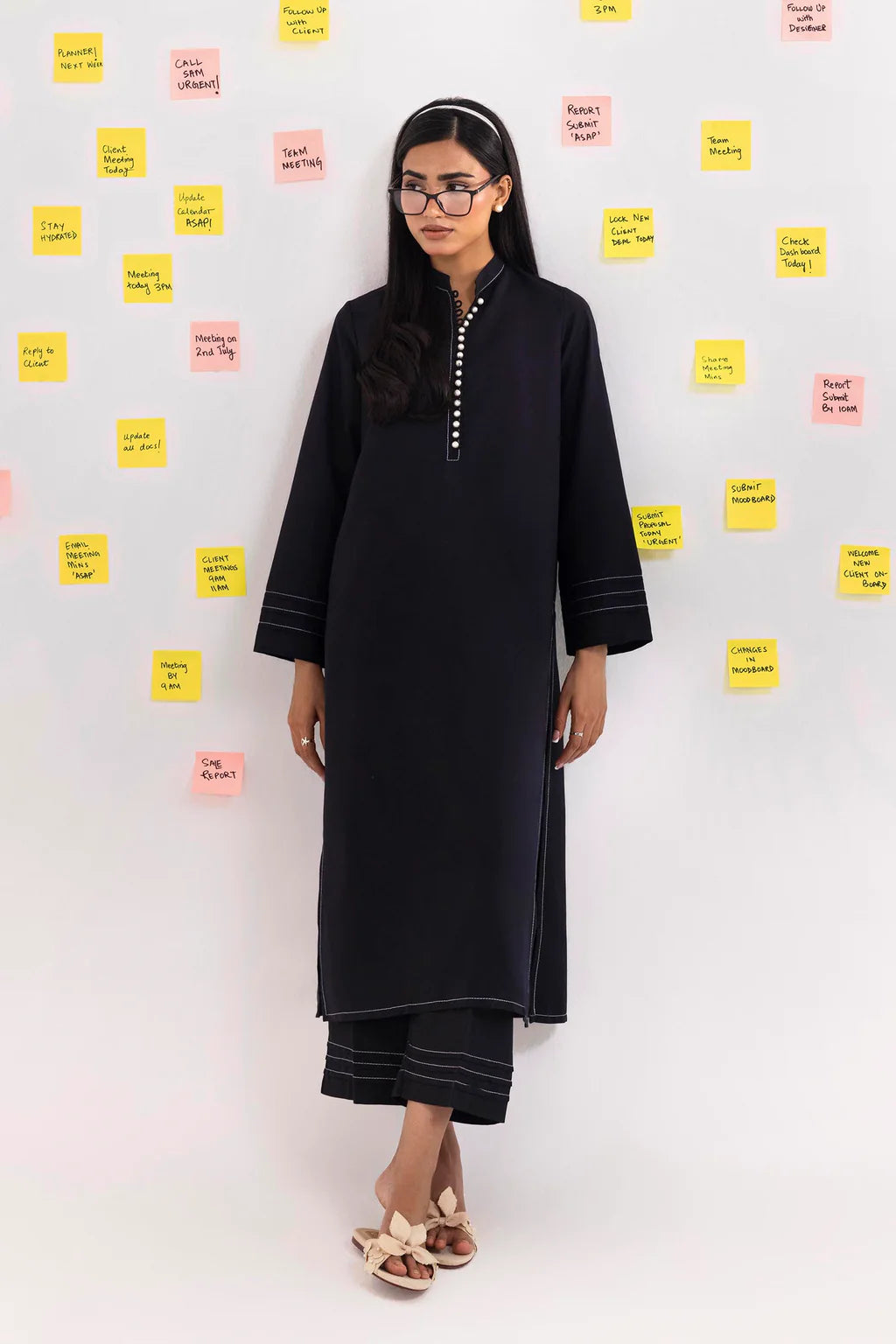 Linen Black Stitched Suit - Sana Safinaz