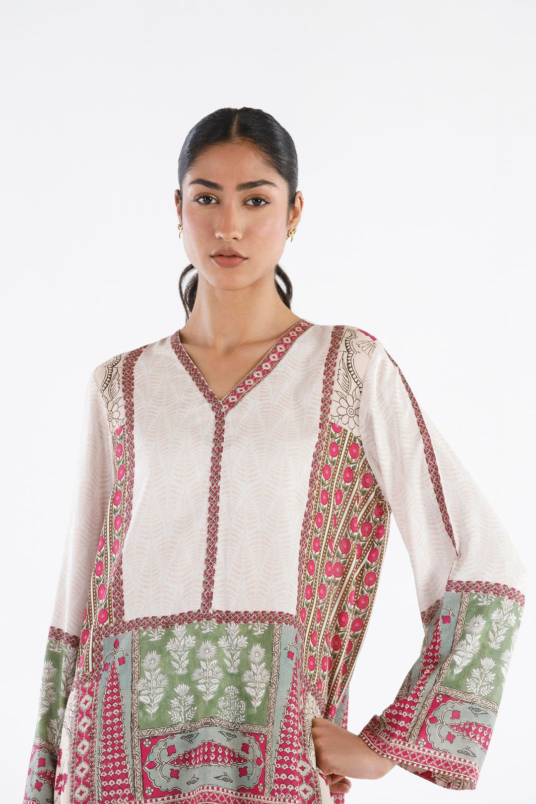 Linen Offwhite & Green Stitched Suit - Sana Safinaz