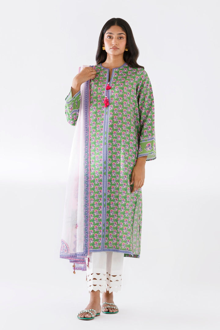 Blended Viscose Parrot Green Stitched Suit - Sana Safinaz
