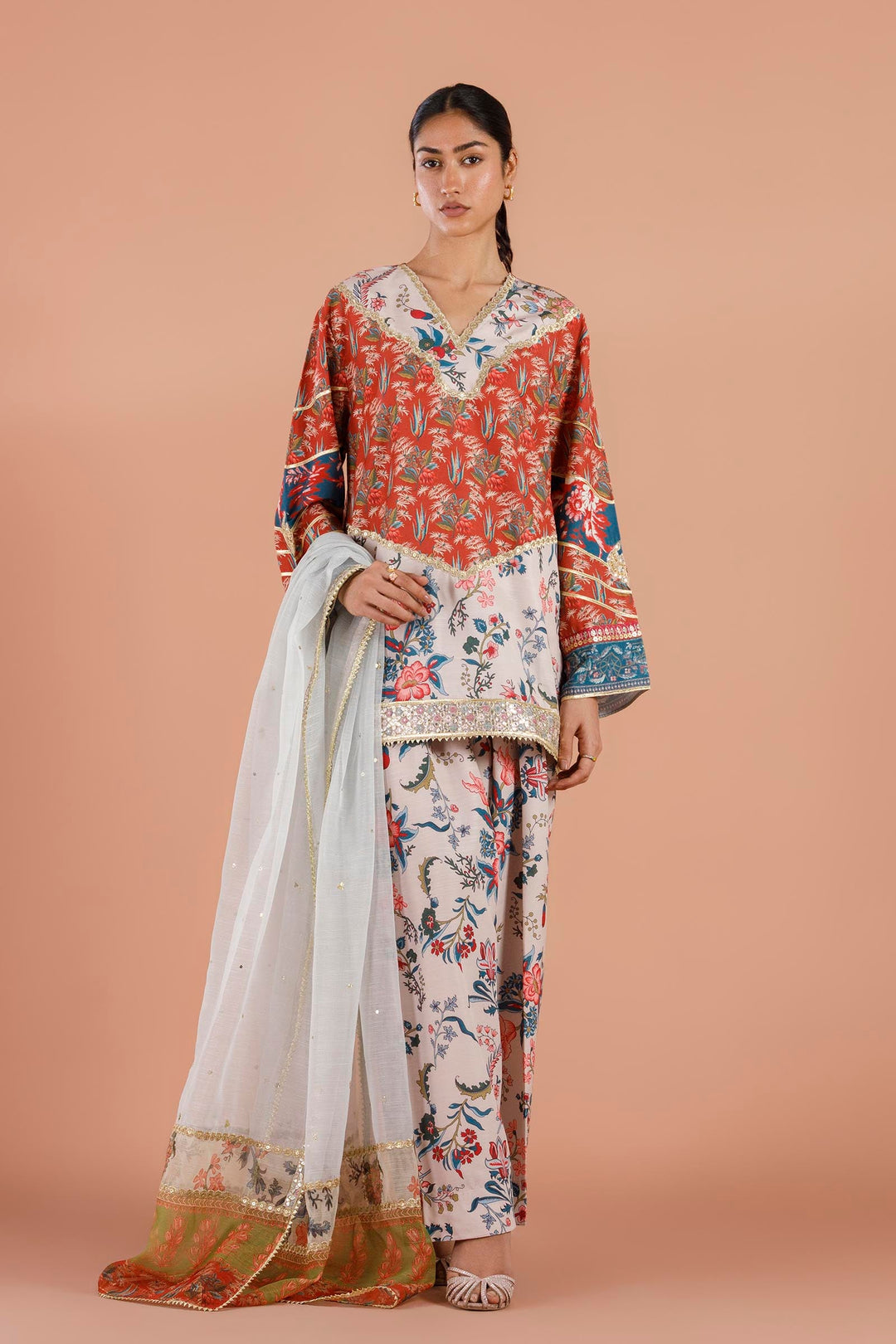 Raw Silk Rust Stitched Suit - Sana Safinaz