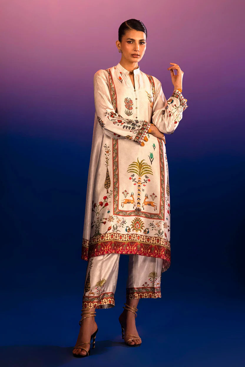 Satin Off White Stitched Suit - Sana Safinaz