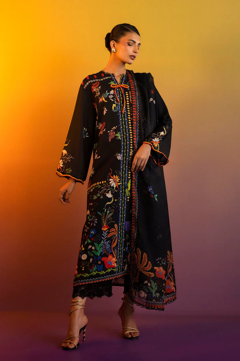 Satin Black Stitched Suit - Sana Safinaz