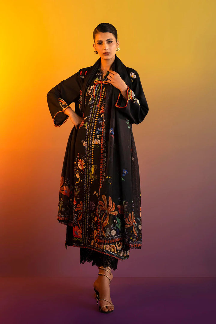 Satin Black Stitched Suit - Sana Safinaz