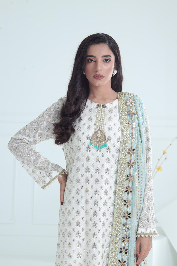 Chiffon White Stitched Suit - Stonez