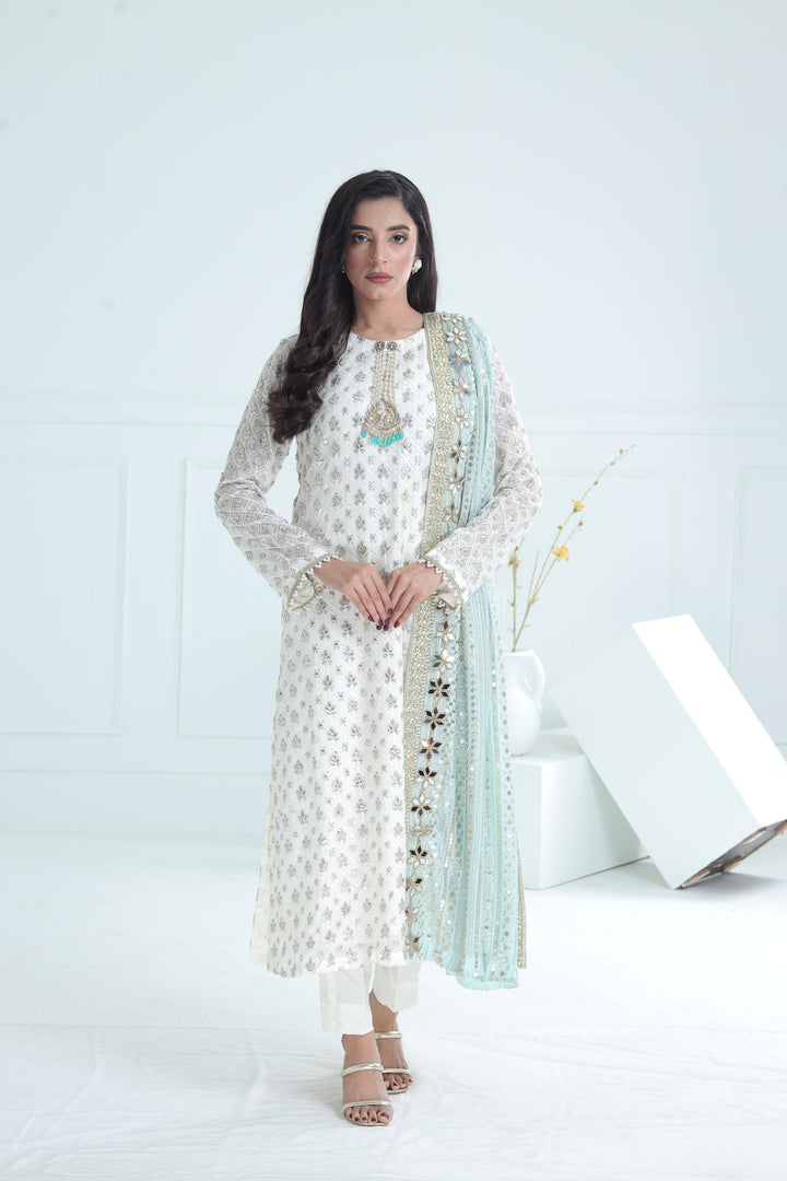 Chiffon White Stitched Suit - Stonez