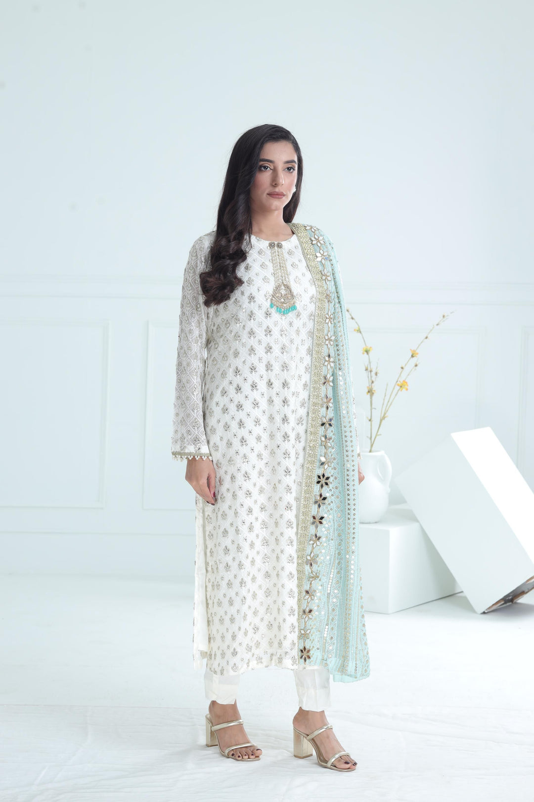 Chiffon White Stitched Suit - Stonez