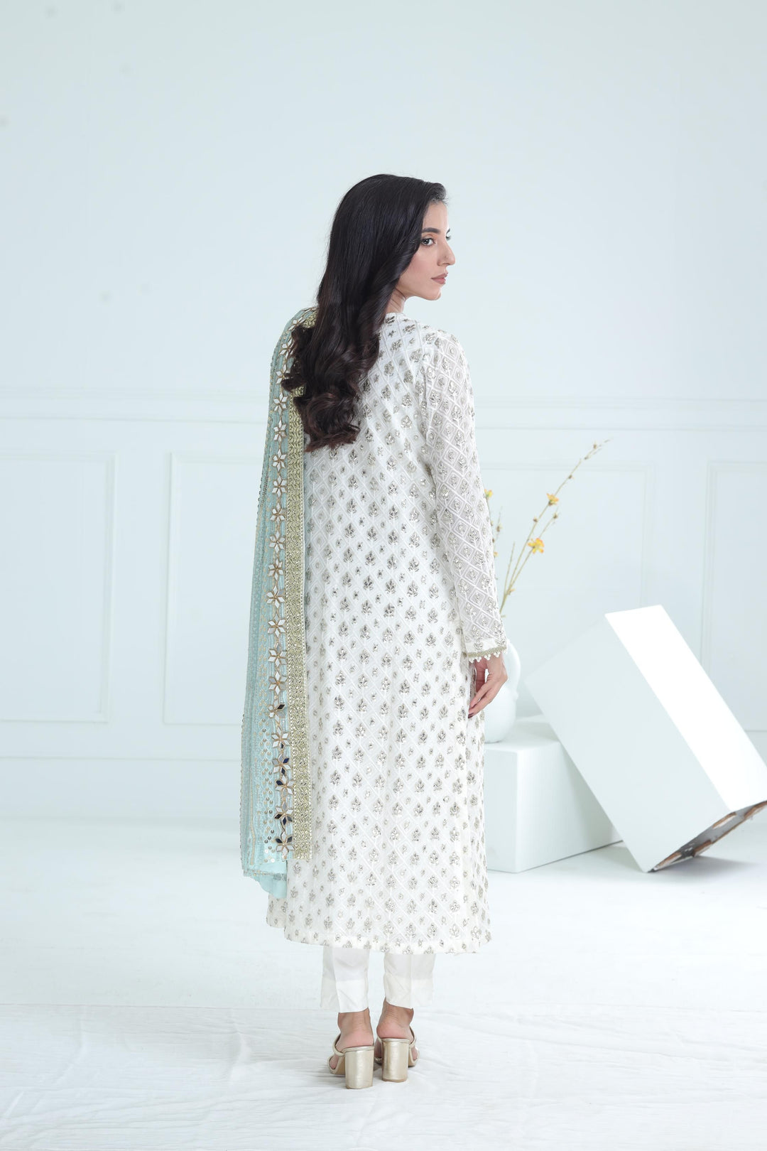 Chiffon White Stitched Suit - Stonez