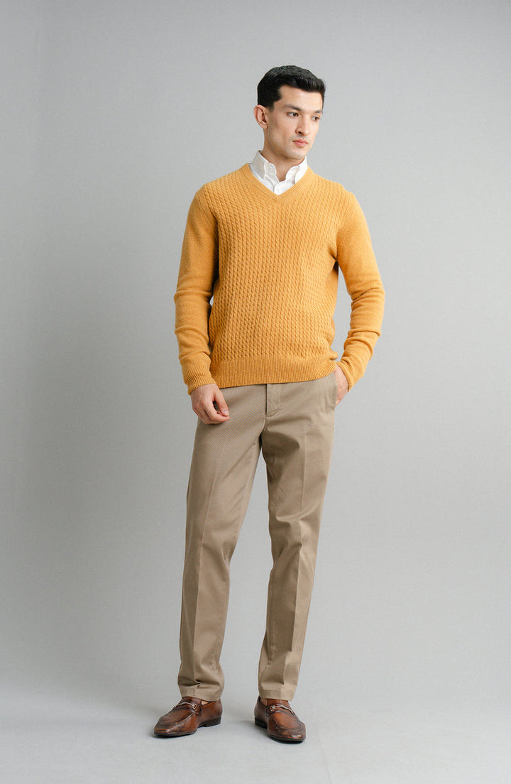 Lambs Wool Mustard V-Neck-Full Sleeves Sweater - Cambridge