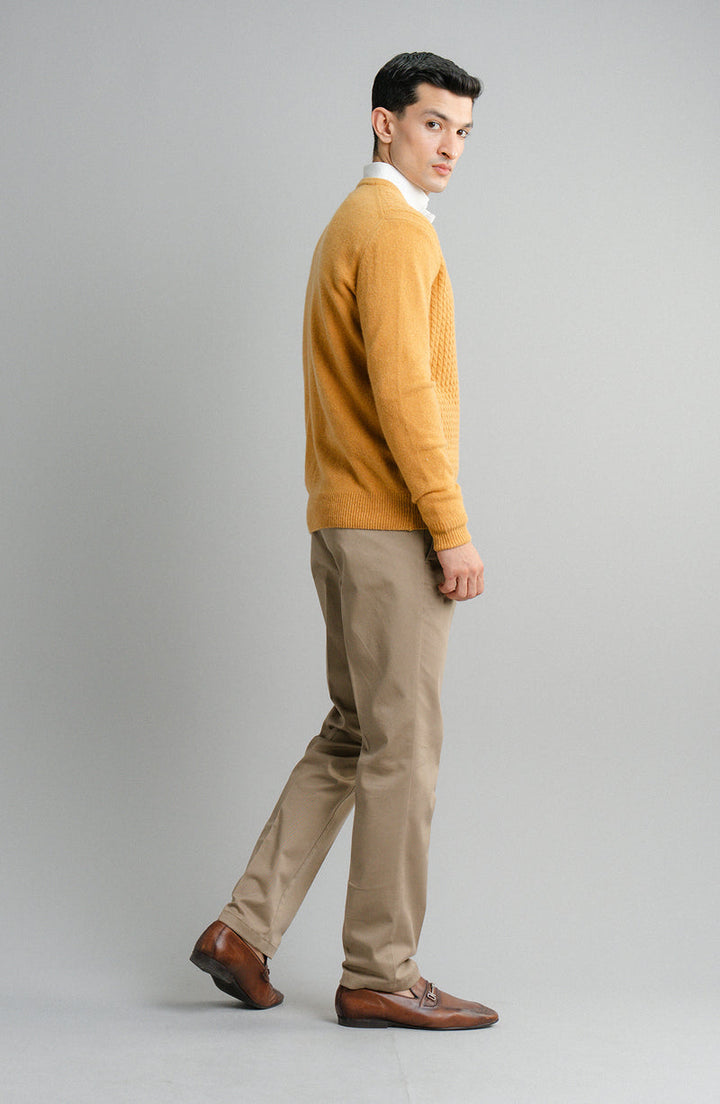 Lambs Wool Mustard V-Neck-Full Sleeves Sweater - Cambridge