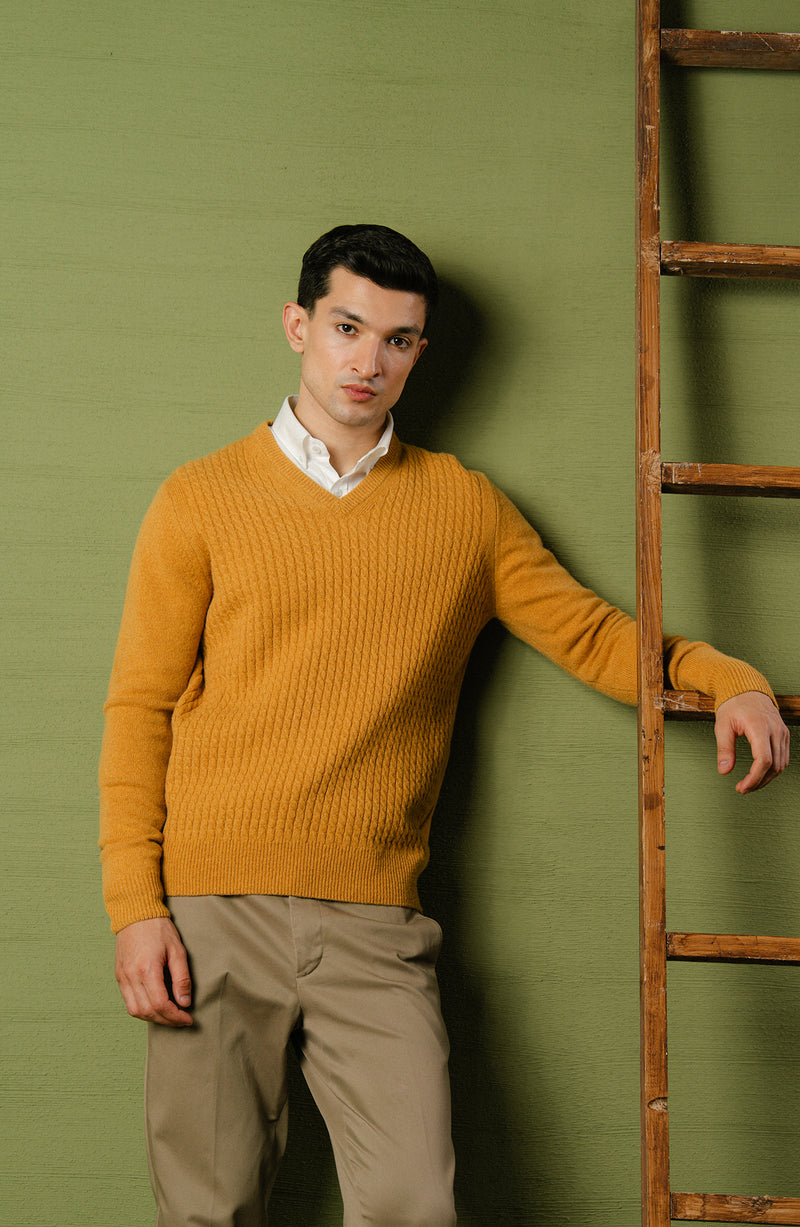 Lambs Wool Mustard V-Neck-Full Sleeves Sweater - Cambridge