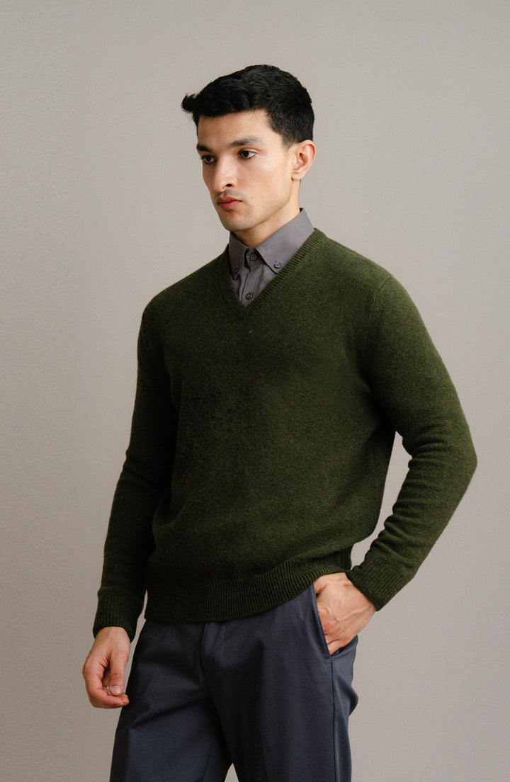 Lambs Wool Olive Designer Sweater - Cambridge