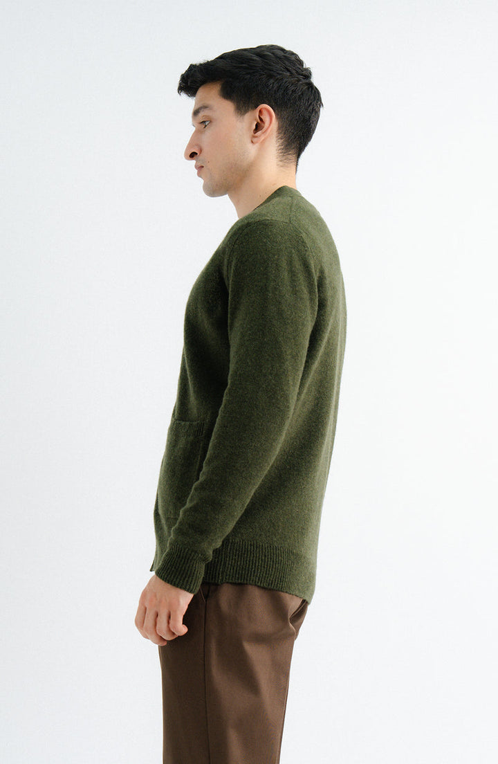 Lambs Wool Olive Designer Cardigan - Cambridge