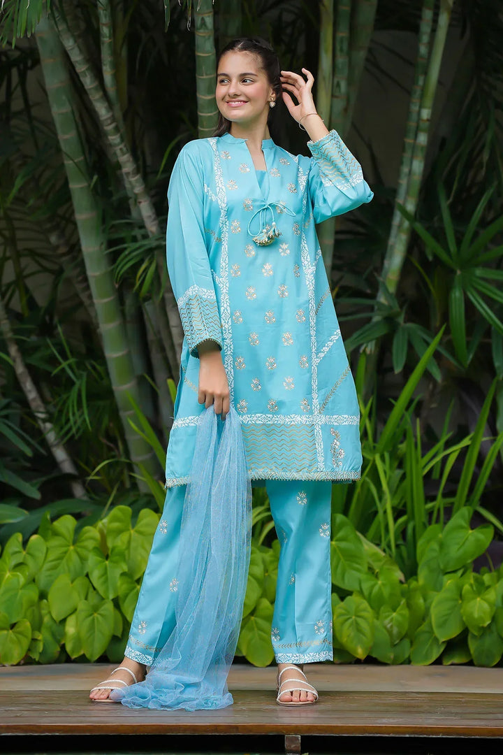 Khaddar Embellished Sky Blue Stitched Suit - Ochre