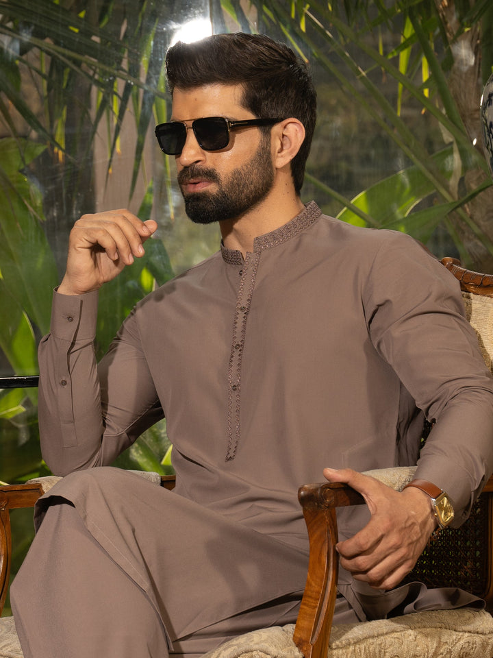 Blended Stripes Deep Taupe Kurta Trouser - J. Junaid Jamshed
