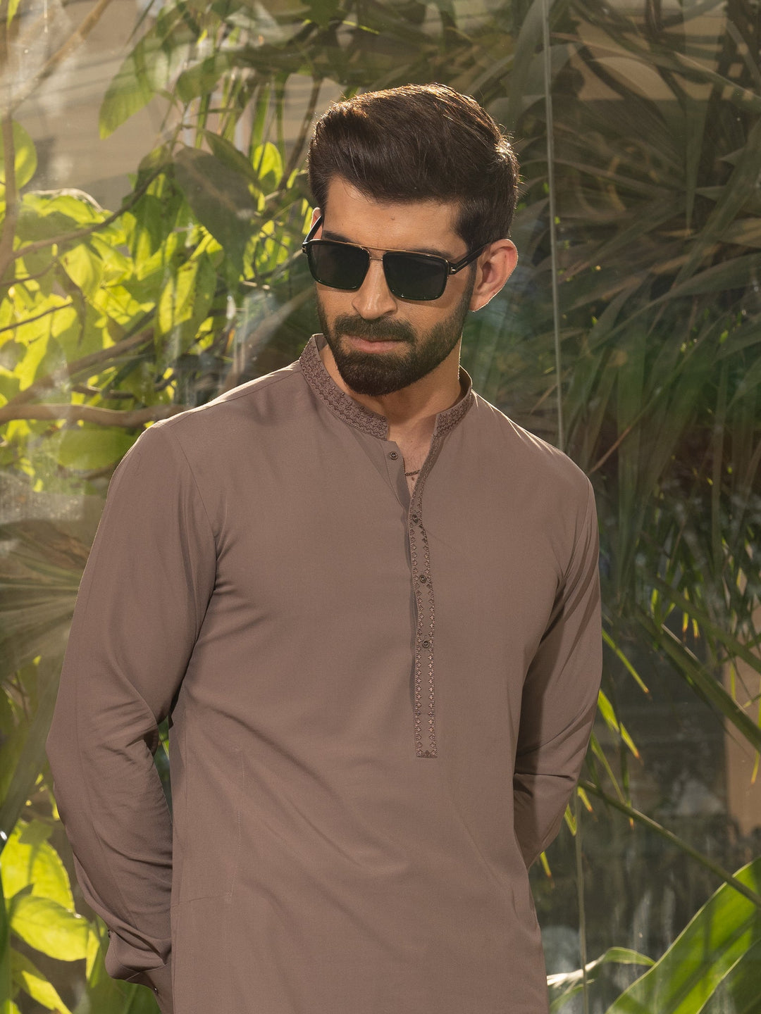 Blended Stripes Deep Taupe Kurta Trouser - J. Junaid Jamshed