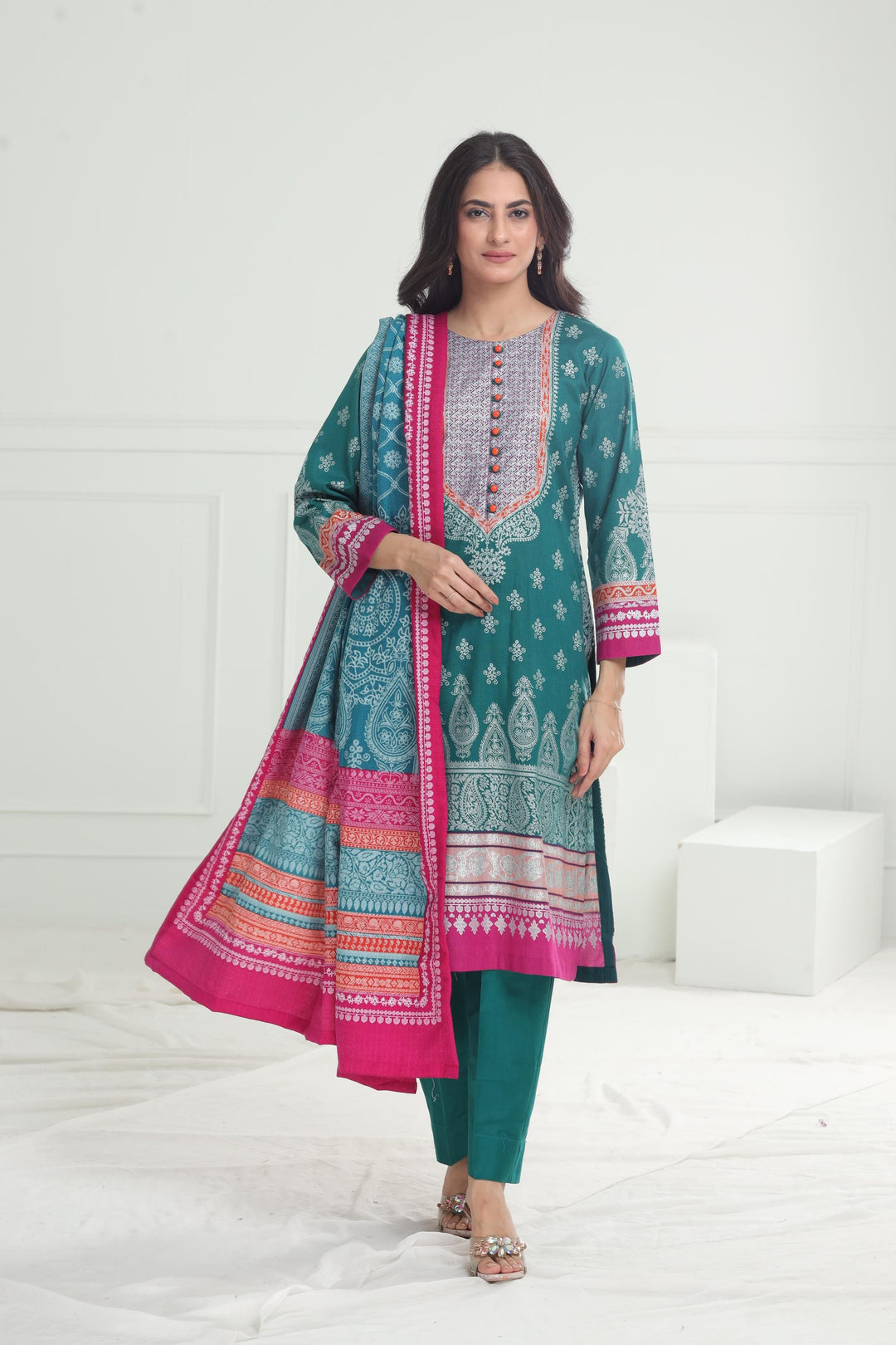 Khaddar Teal Stitched Suit - Limelight
