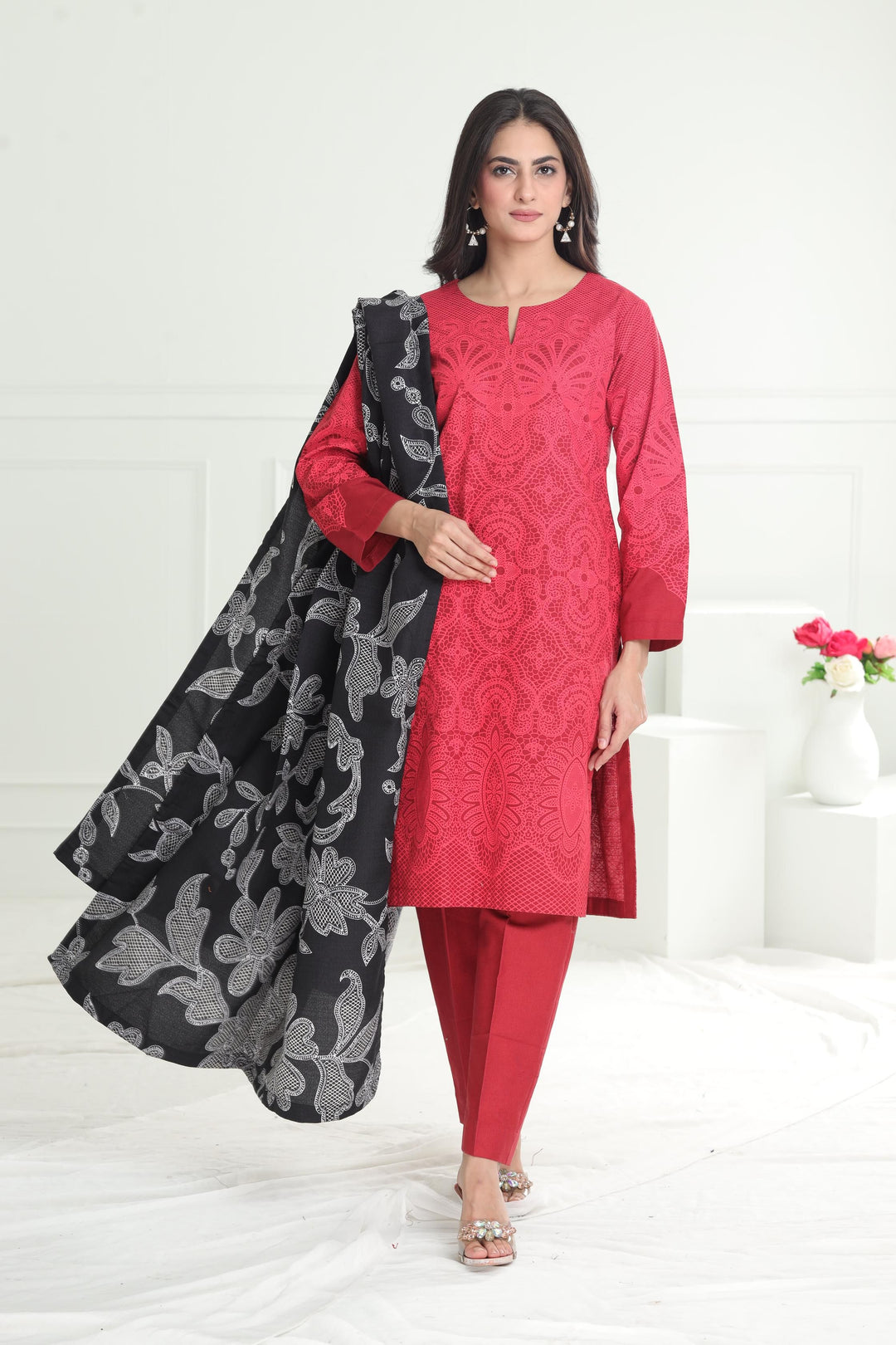 Khaddar Red Stitched Suit - Limelight
