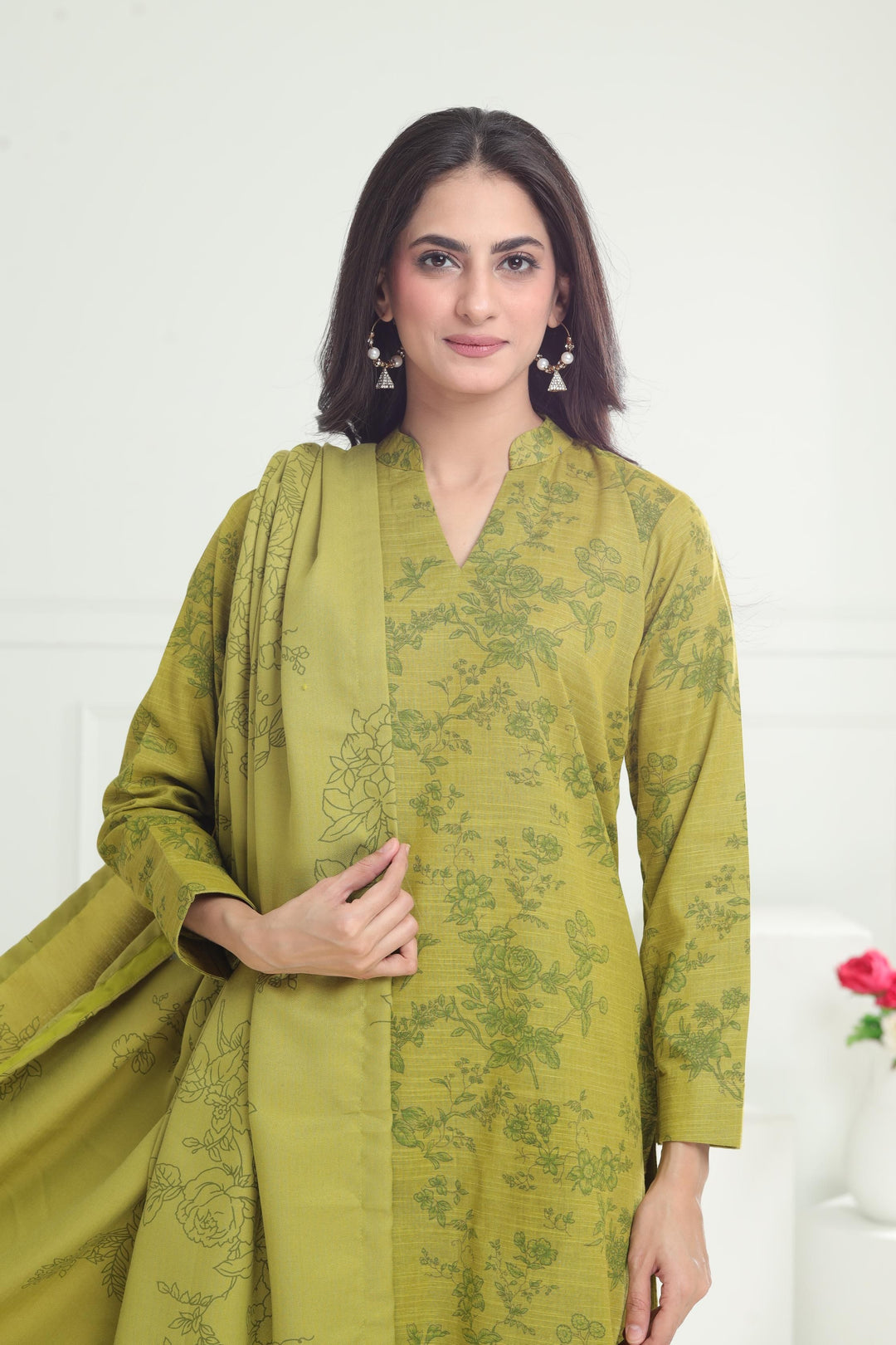 Khaddar Olive Stitched Suit - Limelight