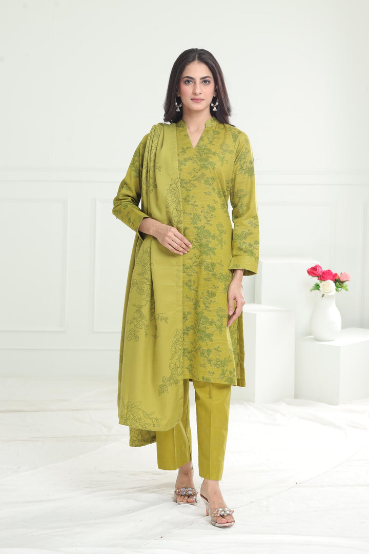 Khaddar Olive Stitched Suit - Limelight