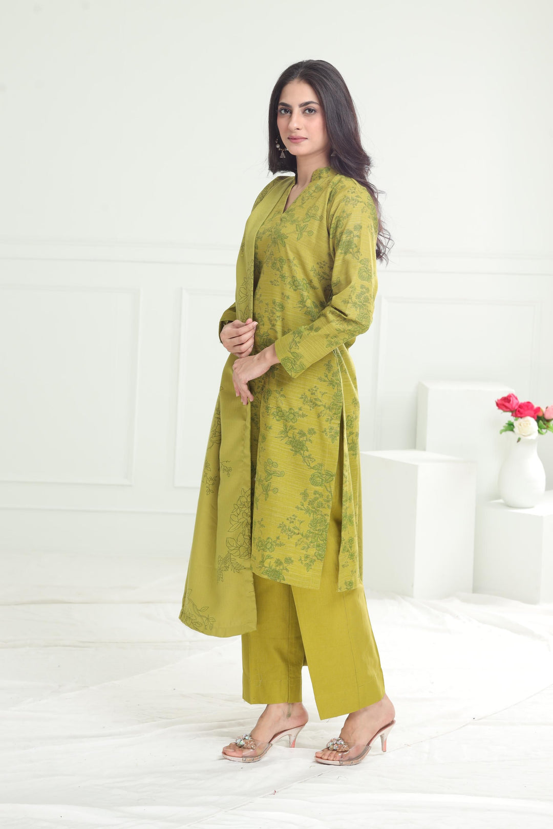 Khaddar Olive Stitched Suit - Limelight