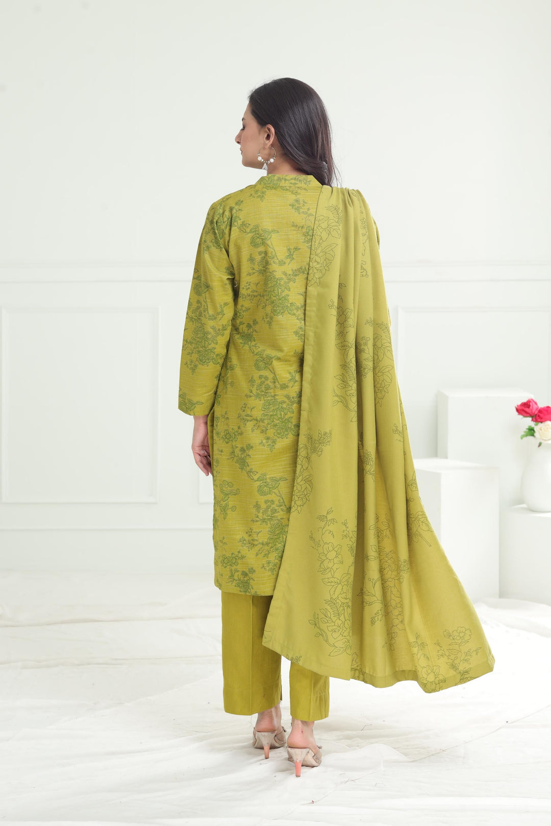 Khaddar Olive Stitched Suit - Limelight