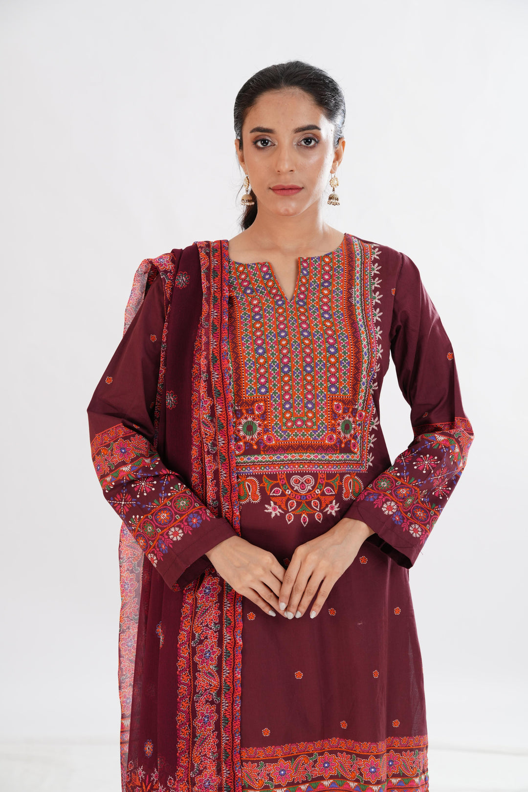 Lawn Plum Stitched Suit - Limelight