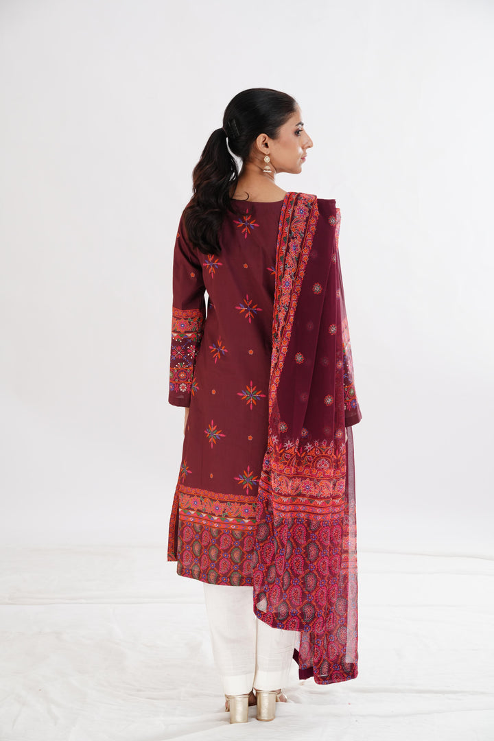 Lawn Plum Stitched Suit - Limelight