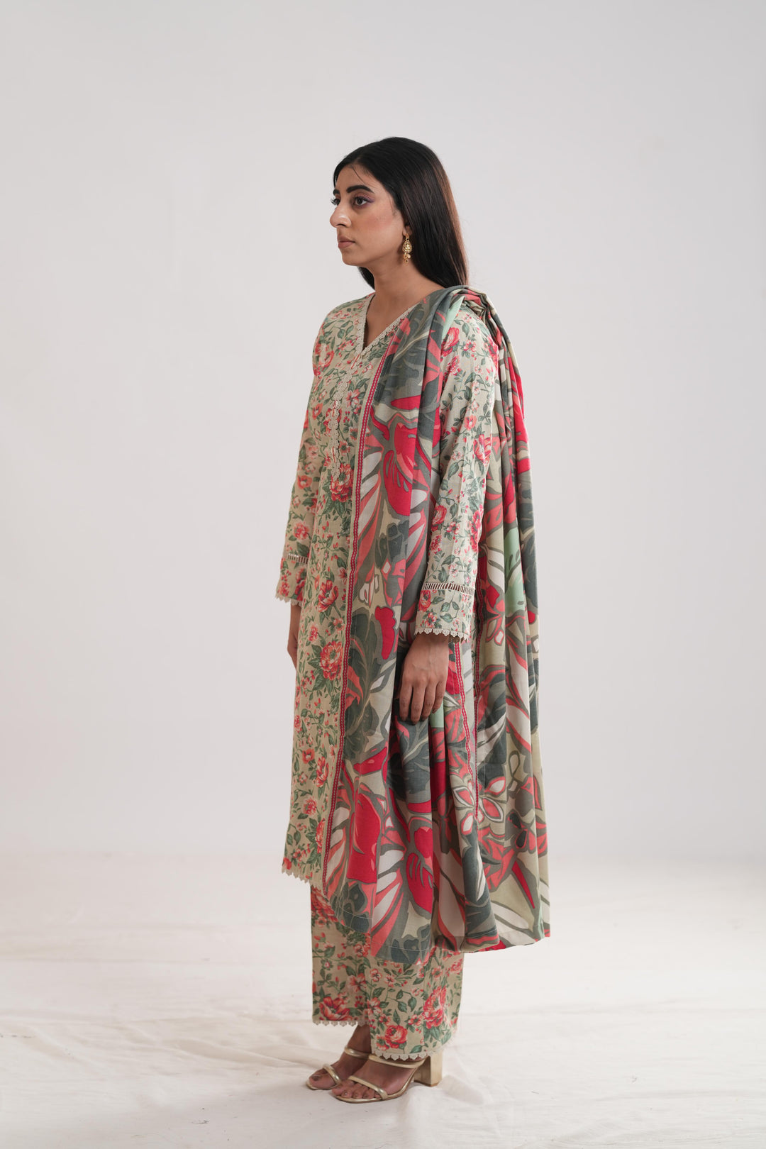 Khaddar Beige Stitched Suit - Limelight