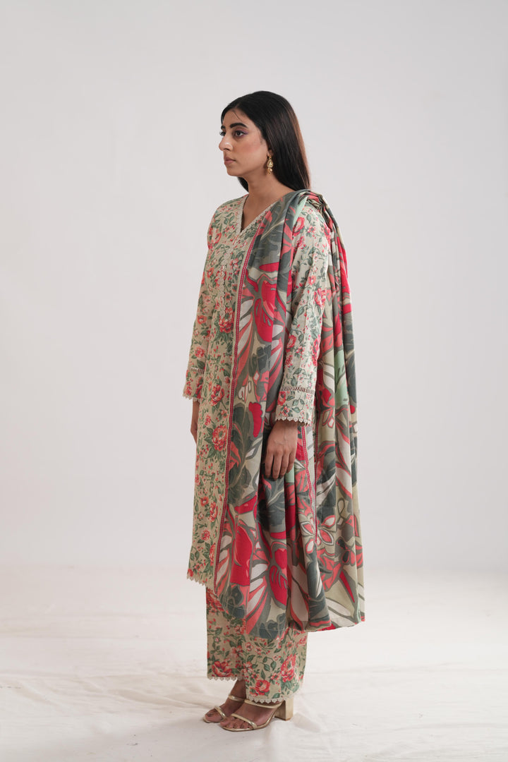 Khaddar Beige Stitched Suit - Limelight