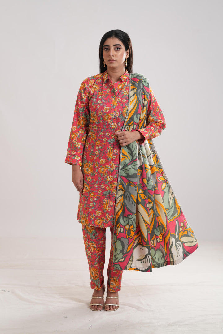 Khaddar Red Stitched Suit - Limelight
