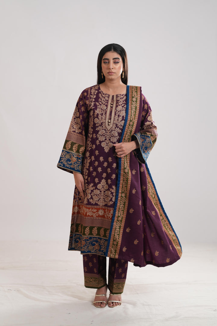 Khaddar Purple Stitched Suit - Limelight