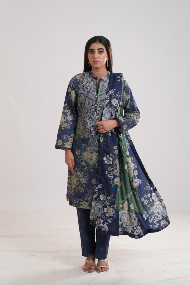 Khaddar Blue Stitched Suit - Limelight