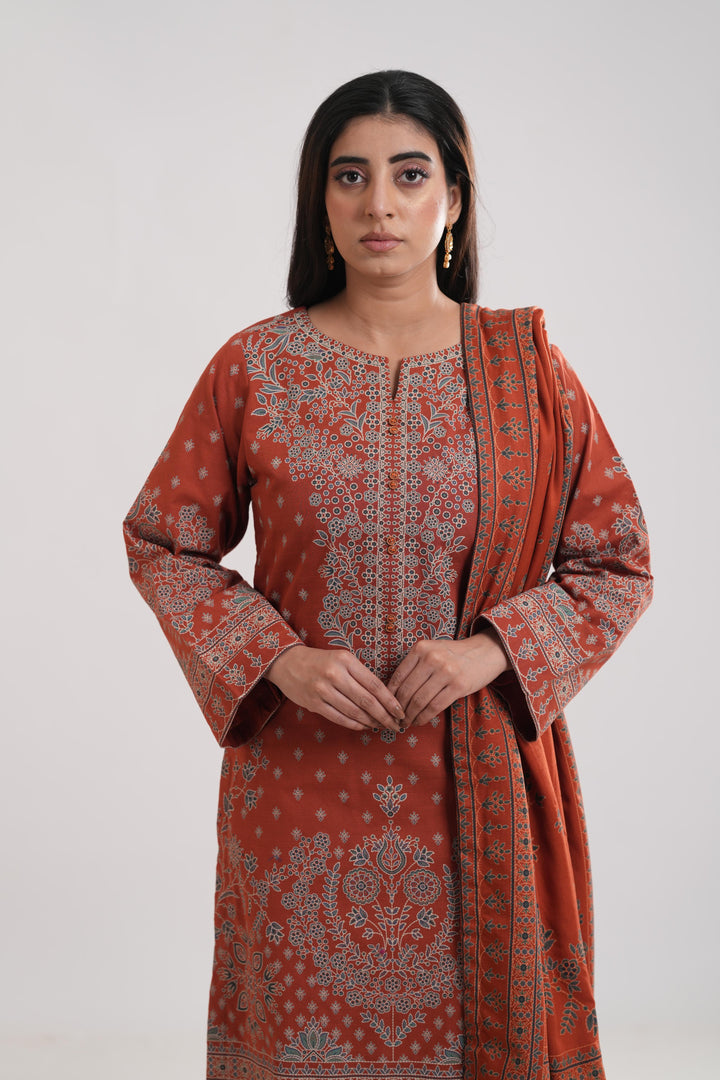 Khaddar Rust Stitched Suit - Limelight