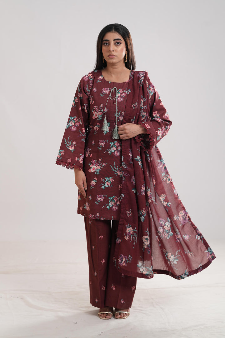 Khaddar Maroon Stitched Suit - Limelight