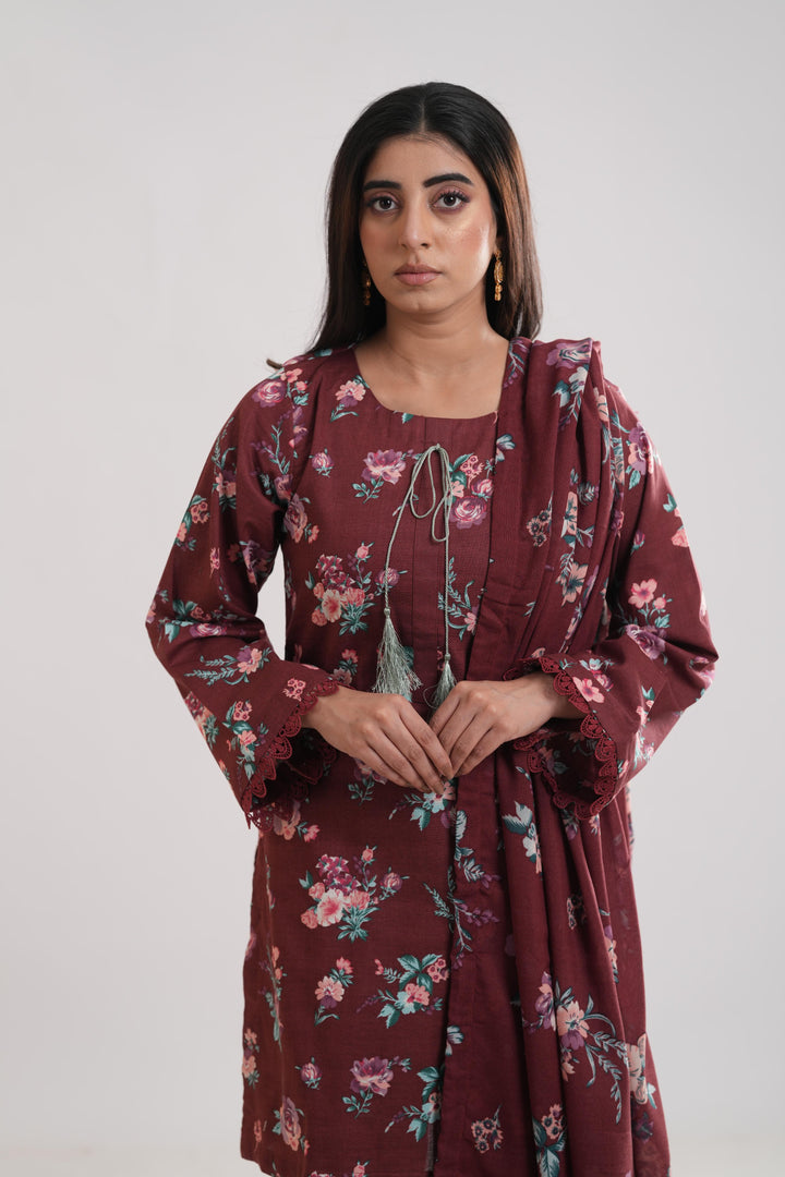 Khaddar Maroon Stitched Suit - Limelight