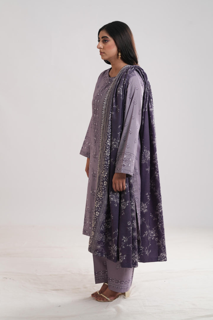 Khaddar Purple Stitched Suit - Limelight