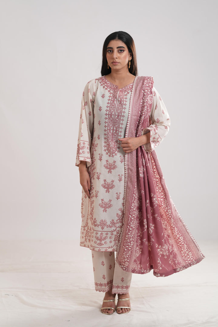 Khaddar Off White Stitched Suit - Limelight