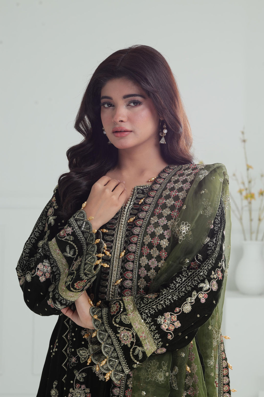 Embroidered Velvet Green Stitched Suit - Baroque