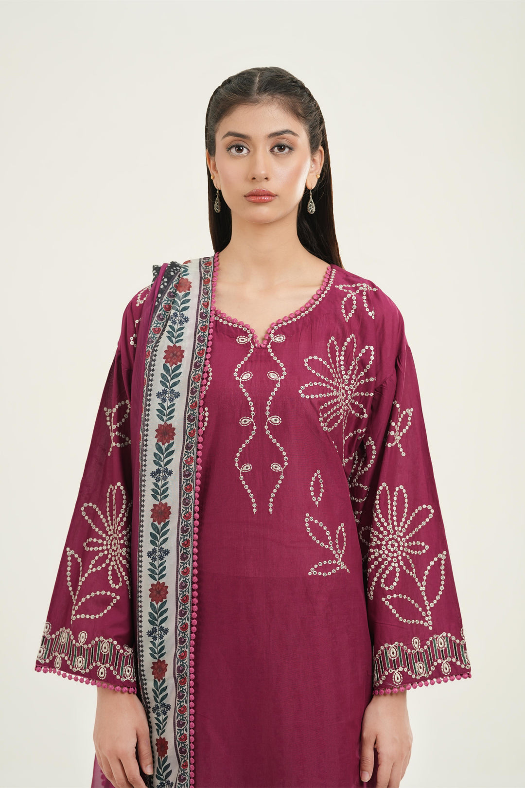 Embroidered Lawn Maroon Stitched Suit - Jazmin