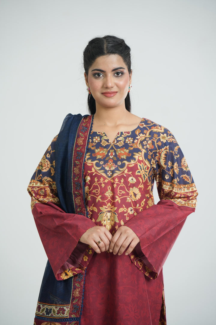 Lawn Maroon Stitched Suit - Jazmin