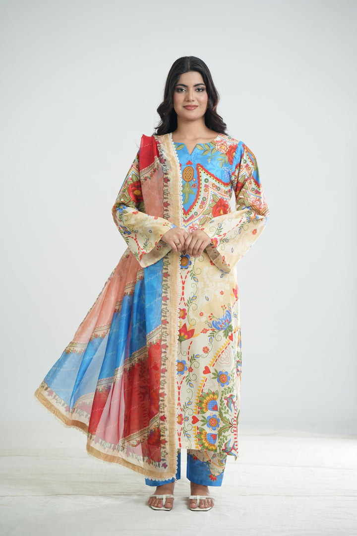 Lawn Cream Stitched Suit - Jazmin