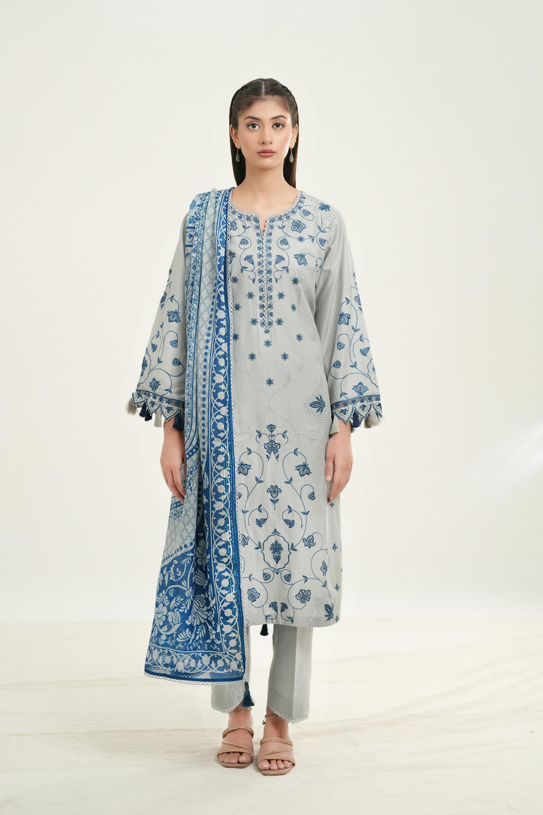 Embroidered Lawn Light Grey Stitched Suit - Jazmin