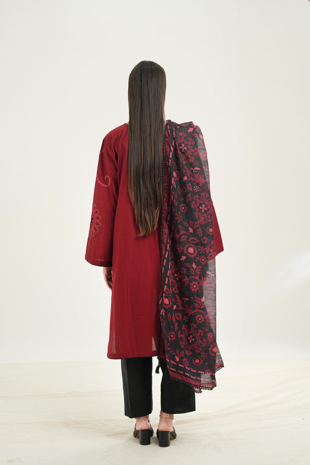 Embroidered Lawn Red Stitched Suit - Jazmin