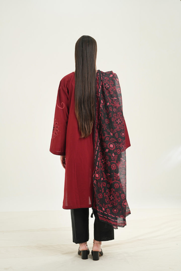 Embroidered Lawn Red Stitched Suit - Jazmin
