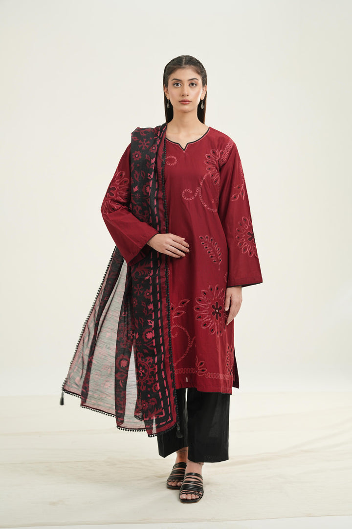 Embroidered Lawn Red Stitched Suit - Jazmin