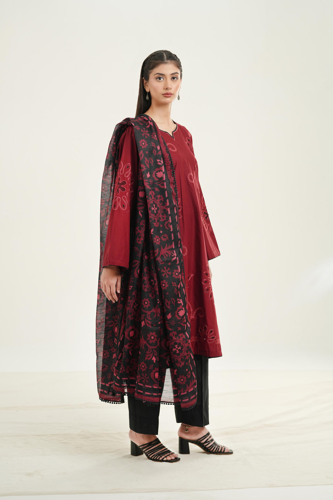 Embroidered Lawn Red Stitched Suit - Jazmin