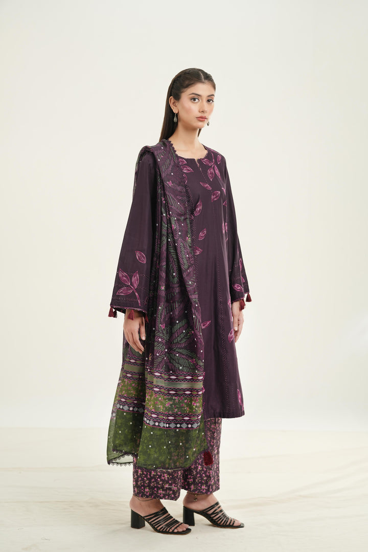 Embroidered Lawn Dark Purple Stitched Suit - Jazmin
