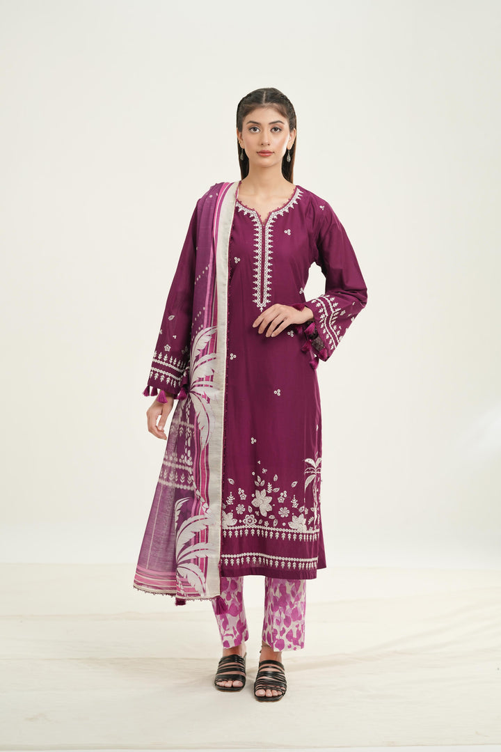 Embroidered Lawn Magenta Stitched Suit - Jazmin