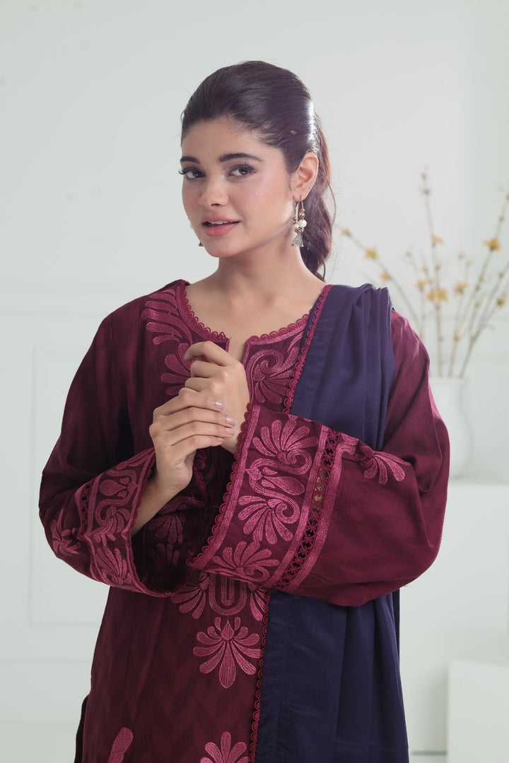 Khaddar Maroon Stitched Suit - Jazmin